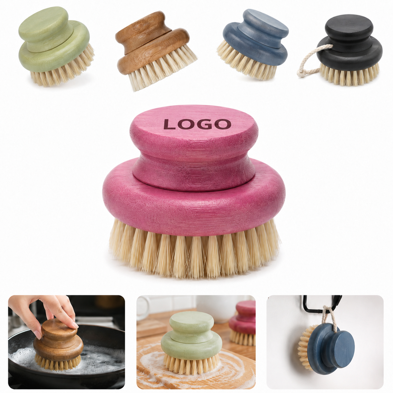 Bamboo Wooden Cleaning Brush Set with Hanging Strap