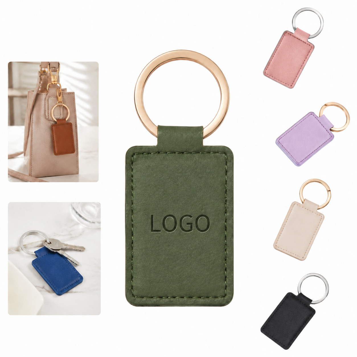 Contrast-Stitched Leatherette Metal Key Tag