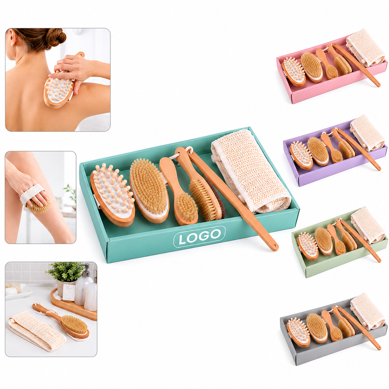 Biodegradable Bamboo & Boar Bristle Body and Face Brush Set with Detachable Long Handle