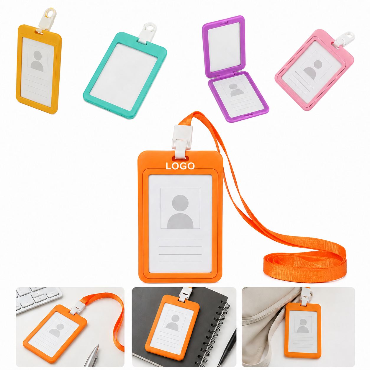 Dual-Sided Clear PP ID Badge Holder with Detachable Neck Lanyard Strap