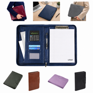 Professional PU Leather Zippered Portfolio Folder with Calculator and Notepad